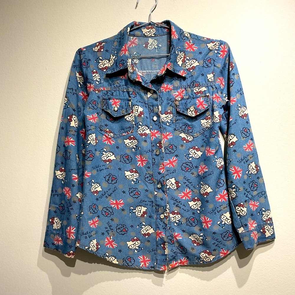 British Hello Kitty Jean Button Down Long Sleeve Shirt Hearts Size Small.Vintage